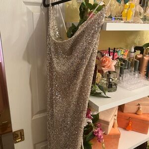 Fashion Nova Silver Sequin Midi Dress